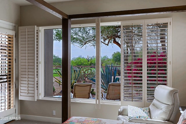 carpeted bedroom featuring baseboards and multiple windows