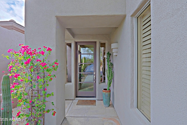 property entrance featuring stucco siding