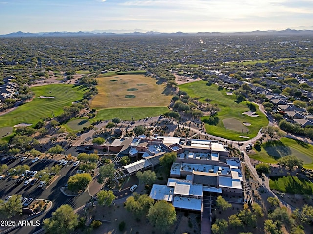 birds eye view of property with a mountain view, golf course view, and a residential view