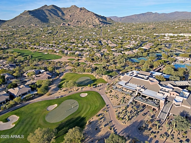 birds eye view of property with a residential view, a mountain view, and golf course view