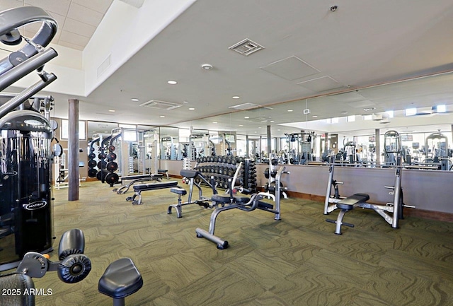 workout area with carpet floors, a wealth of natural light, and visible vents