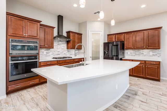 2611 S Quaintance St, Gilbert, AZ 85295 - kitchen with fridge with ice dispenser, wall chimney exhaust hood, a sink, decorative backsplash, and gas cooktop