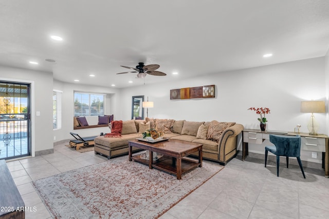 7763 W Libby St, Glendale, AZ 85308 - living room with ceiling fan, baseboards, light tile patterned floors, and recessed lighting