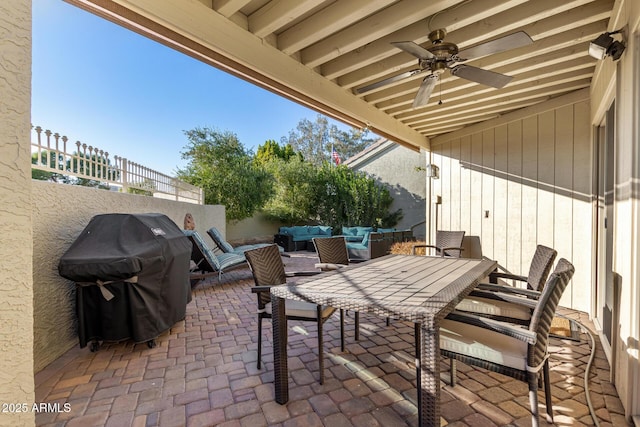 view of patio / terrace featuring grilling area, outdoor lounge area, and ceiling fan