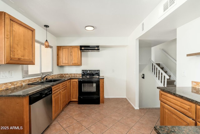 kitchen featuring black range with electric cooktop, a sink, visible vents, stainless steel dishwasher, and brown cabinets