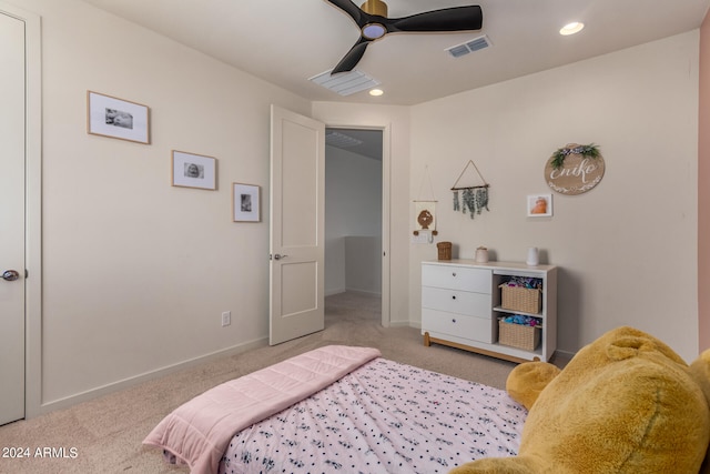 carpeted bedroom featuring ceiling fan