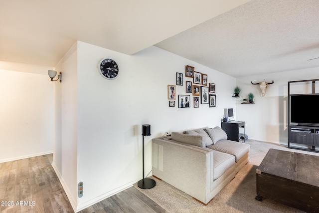 living room with wood-type flooring and a textured ceiling