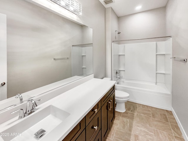 full bathroom with toilet, vanity, and bathtub / shower combination