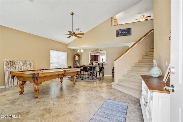 recreation room featuring billiards, baseboards, visible vents, a ceiling fan, and high vaulted ceiling