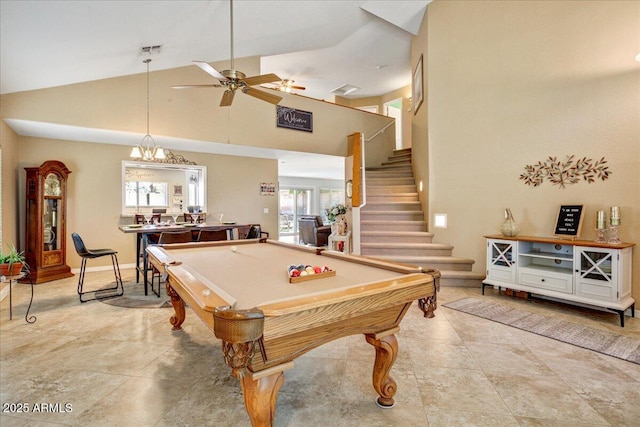 rec room with baseboards, billiards, high vaulted ceiling, and a ceiling fan