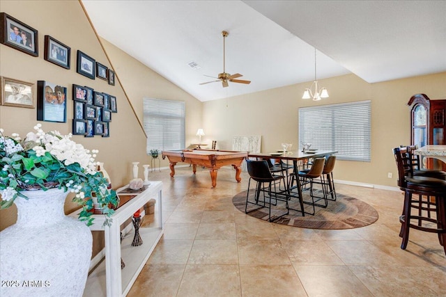 dining room featuring light tile patterned floors, billiards, baseboards, visible vents, and lofted ceiling