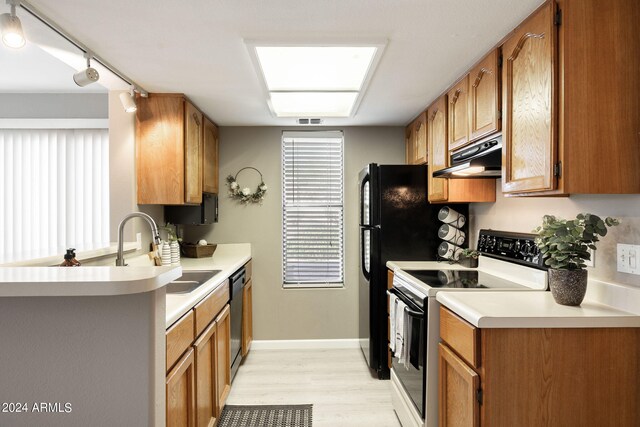 kitchen featuring dishwasher, rail lighting, sink, white electric stove, and light hardwood / wood-style floors