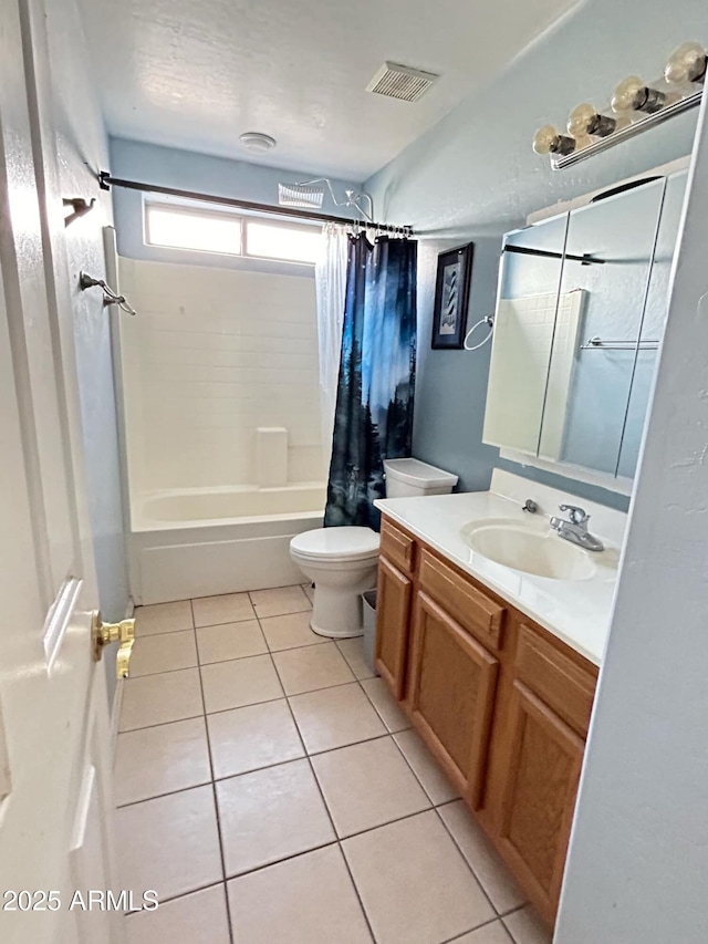 full bathroom with shower / bath combination with curtain, visible vents, toilet, vanity, and tile patterned floors