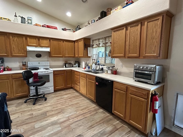 kitchen featuring white electric stove, under cabinet range hood, a sink, brown cabinets, and dishwasher