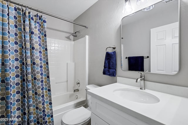 full bathroom featuring visible vents, shower / bathtub combination with curtain, toilet, and vanity