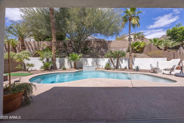 view of swimming pool featuring a fenced in pool, a fenced backyard, and a patio