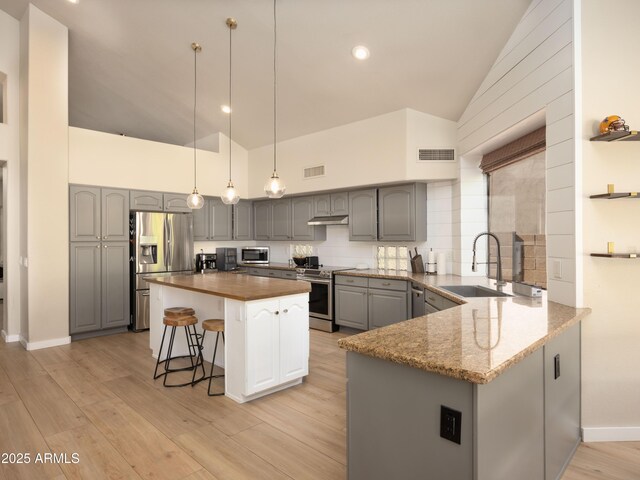 kitchen featuring high vaulted ceiling, a sink, appliances with stainless steel finishes, gray cabinetry, and visible vents