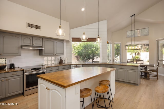 kitchen with stainless steel appliances, gray cabinetry, under cabinet range hood, and butcher block counters