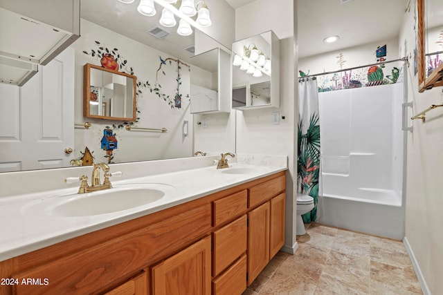 full bathroom featuring shower / bath combination with curtain, vanity, and toilet