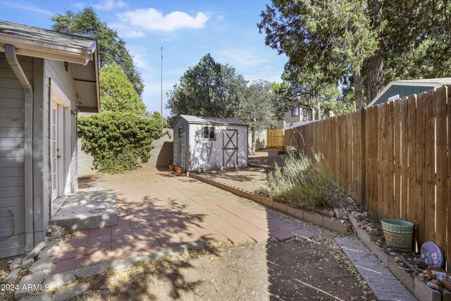 view of yard featuring a storage shed, a patio, an outdoor structure, and a fenced backyard