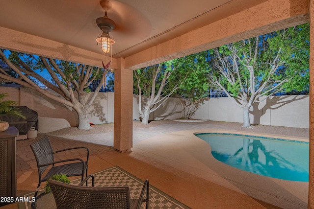 view of pool with a patio, a fenced backyard, and a fenced in pool