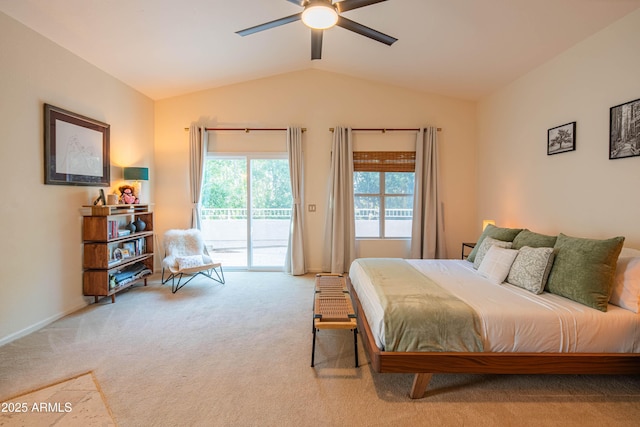 carpeted bedroom featuring vaulted ceiling, access to outside, and a ceiling fan