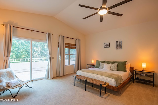 bedroom featuring light carpet, ceiling fan, access to outside, and vaulted ceiling