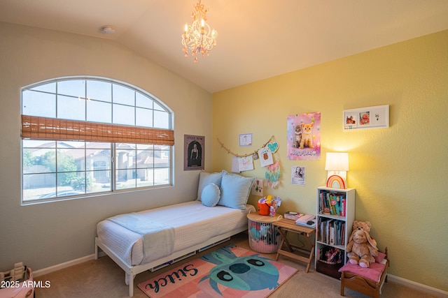 carpeted bedroom featuring an inviting chandelier, baseboards, and vaulted ceiling