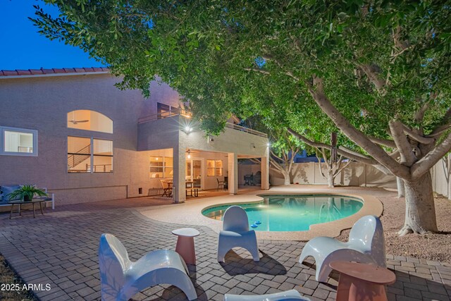 view of pool with a fenced backyard, a fenced in pool, and a patio