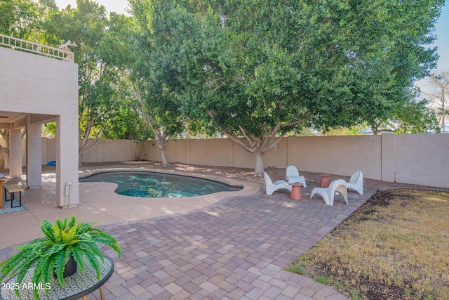 view of pool with a fenced backyard, a fenced in pool, and a patio