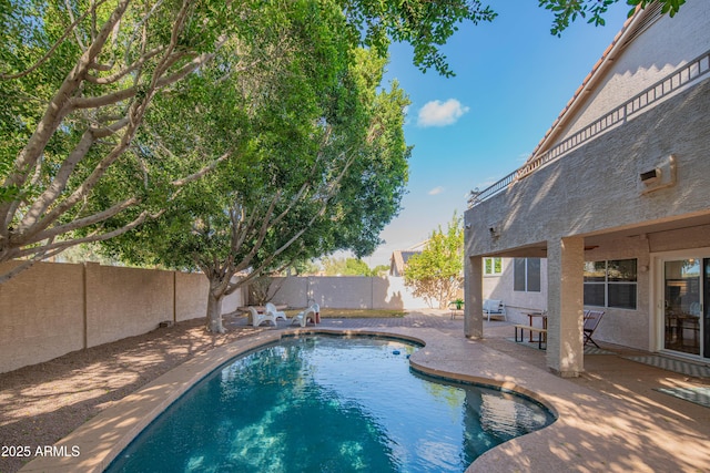 view of pool featuring a patio, a fenced backyard, and a fenced in pool