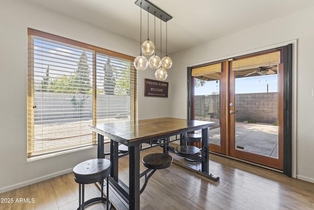 dining area featuring french doors, plenty of natural light, wood finished floors, and baseboards