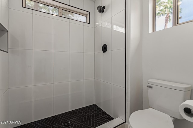 bathroom featuring tiled shower, toilet, and a wealth of natural light