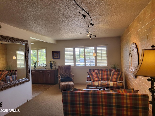 8220 E Garfield St Unit M214, Scottsdale, AZ 85257 - living room featuring rail lighting, a textured ceiling, and carpet