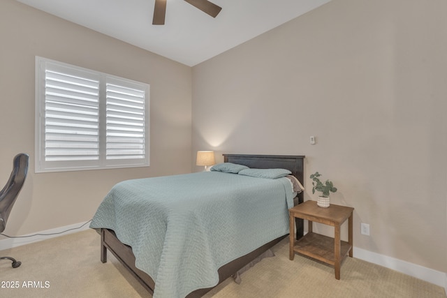 bedroom featuring carpet floors, ceiling fan, and baseboards