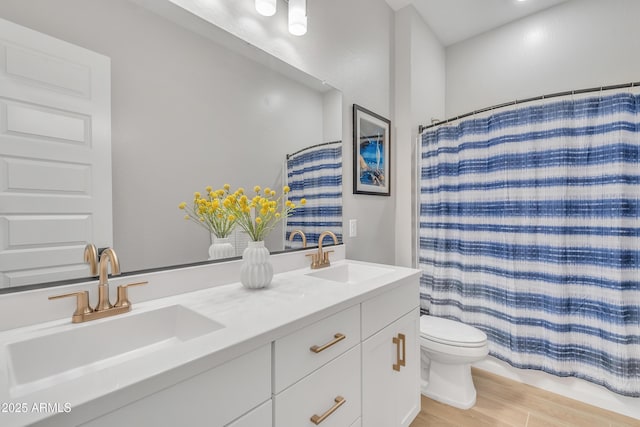 full bathroom featuring toilet, double vanity, a sink, and wood finished floors