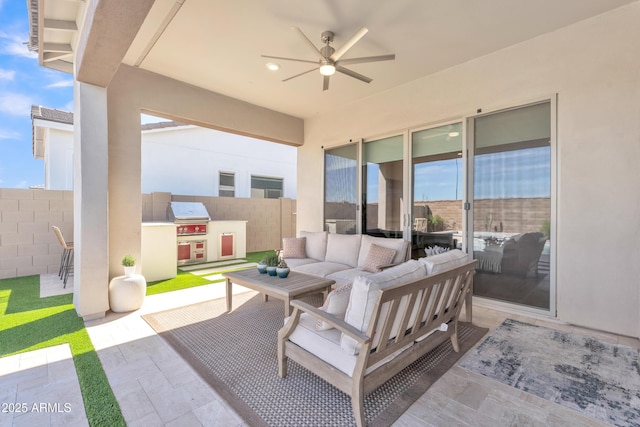 view of patio / terrace featuring an outdoor hangout area, a grill, a ceiling fan, and fence