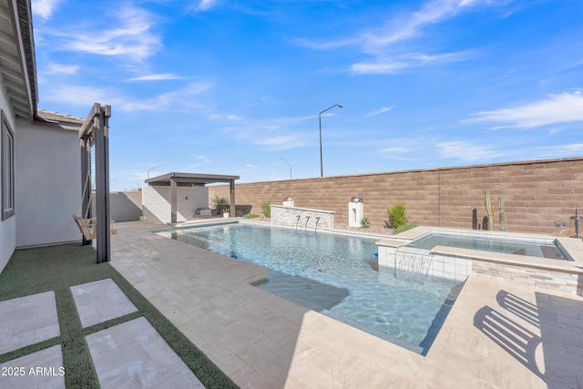 view of swimming pool with a fenced in pool, a patio area, a fenced backyard, and an in ground hot tub