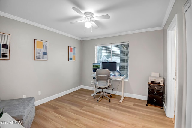 2405 E Lynwood Cir, Mesa, AZ 85213 - office with light wood-style floors, ceiling fan, crown molding, and baseboards