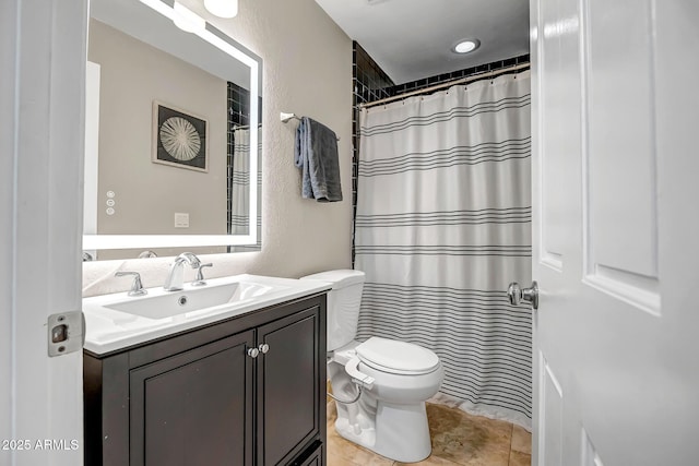 2405 E Lynwood Cir, Mesa, AZ 85213 - bathroom with vanity, toilet, a shower with shower curtain, a textured wall, and tile patterned floors