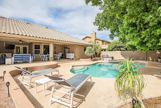 2405 E Lynwood Cir, Mesa, AZ 85213 - view of pool featuring french doors, a fenced backyard, a patio, and a ceiling fan