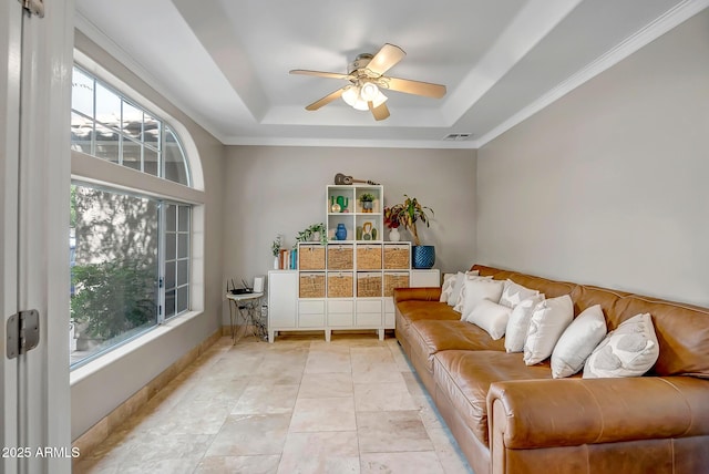2405 E Lynwood Cir, Mesa, AZ 85213 - living area with a raised ceiling, a ceiling fan, and ornamental molding