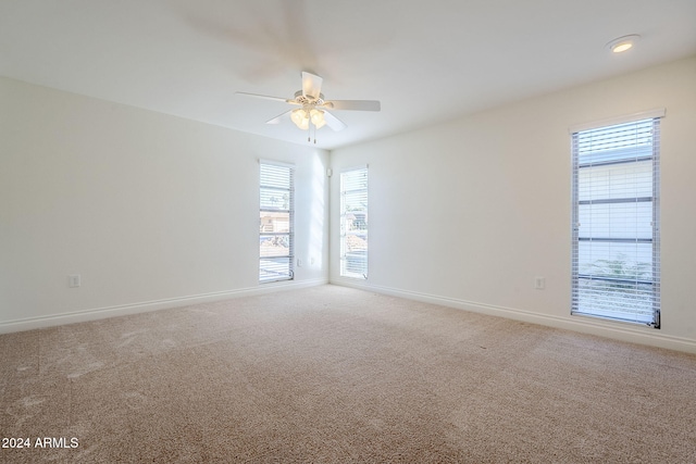 spare room with ceiling fan and carpet