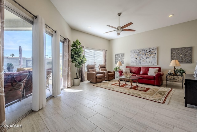 living room featuring ceiling fan