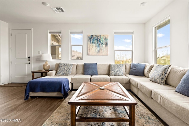 living room with dark hardwood / wood-style flooring