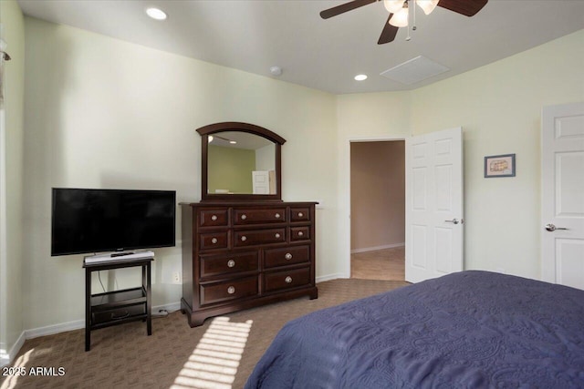 carpeted bedroom featuring ceiling fan