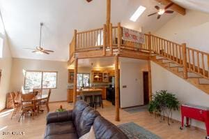 3458 N Meadow Dr, Pine, AZ 85544 - living room featuring a ceiling fan, high vaulted ceiling, wood finished floors, plenty of natural light, and beamed ceiling