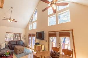3458 N Meadow Dr, Pine, AZ 85544 - living area featuring french doors, ceiling fan, and high vaulted ceiling