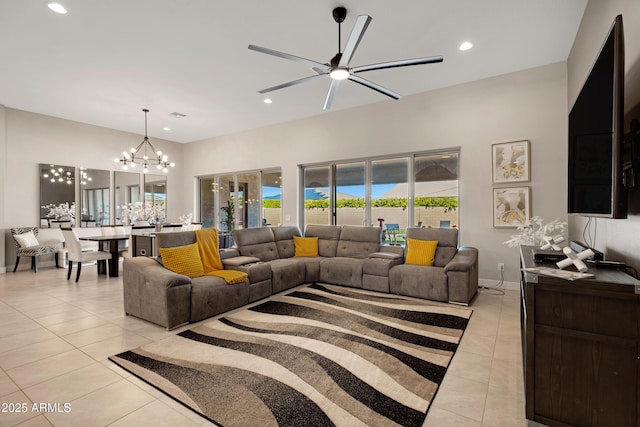 23060 E Sonoqui Blvd, Queen Creek, AZ 85142 - living room with light tile patterned floors, a chandelier, ceiling fan, and recessed lighting