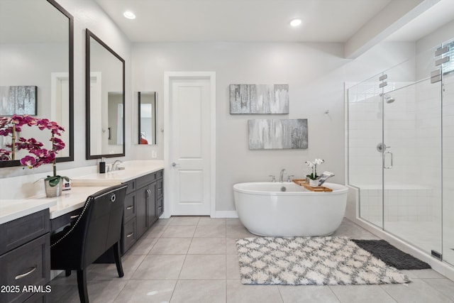 23060 E Sonoqui Blvd, Queen Creek, AZ 85142 - full bathroom featuring a stall shower, vanity, a soaking tub, tile patterned flooring, and recessed lighting